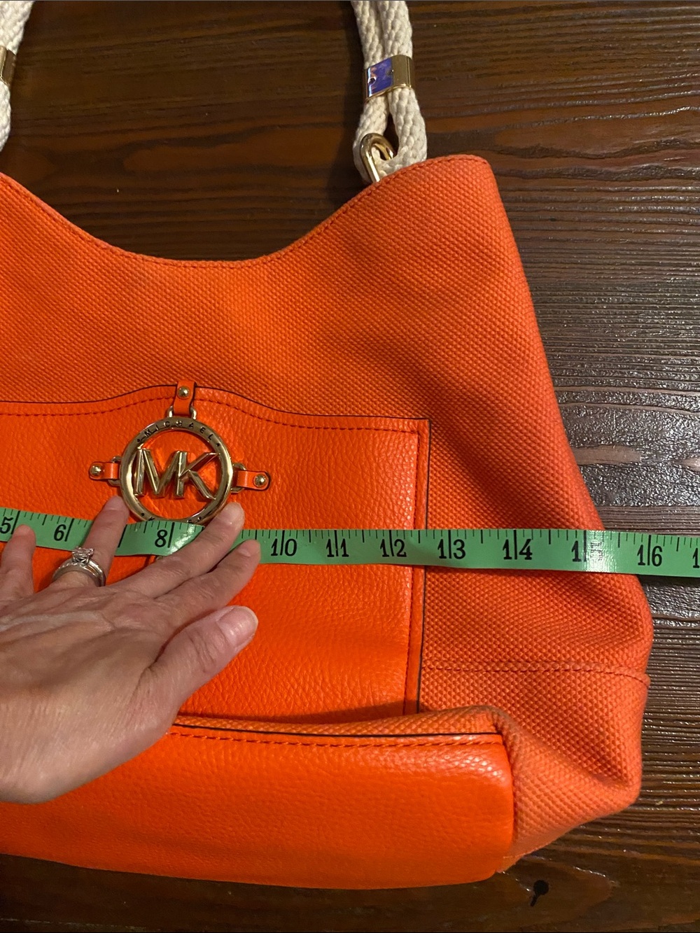 Michael Kors Coral Orange Rope Handle Tote Shoulder Bag Gold MK Medallion - Picture 9 of 15